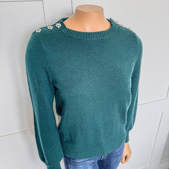 J. Crew, Teal/Green Crewneck Sweater w/ Jeweled Buttoned Shoulders-Women’s Small - Picture 8 of 9